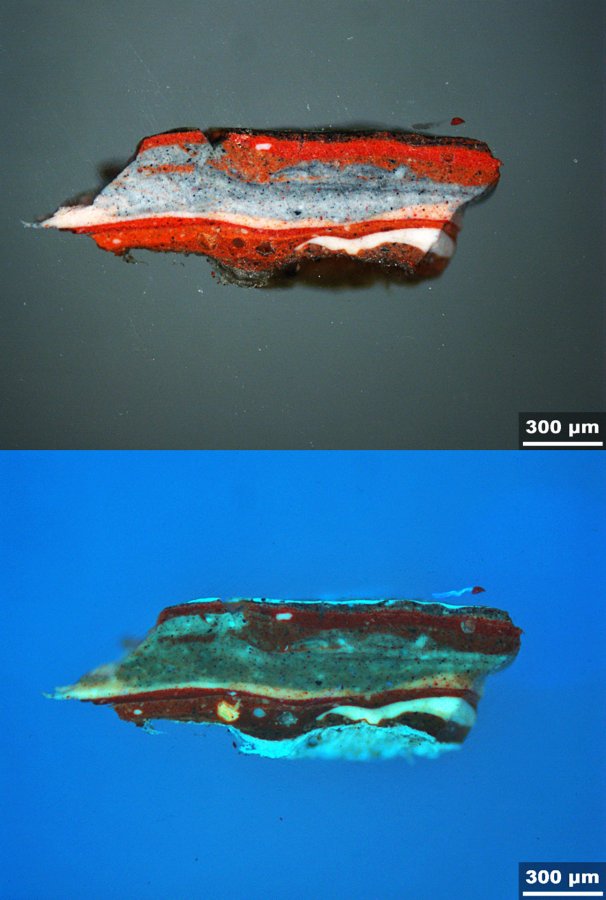 Untersuchung der Stratigrafie: Untersuchung einer Malschichtprobe (Anschliff) mit Lichtmikroskop. (VIS/UV)